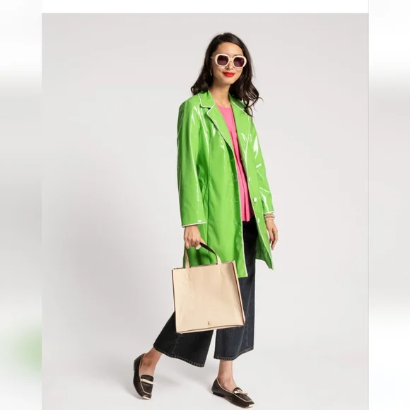 Frances Valentine Morton Rain Coat Vegan Leather Green Oyster - Picture 4 of 16